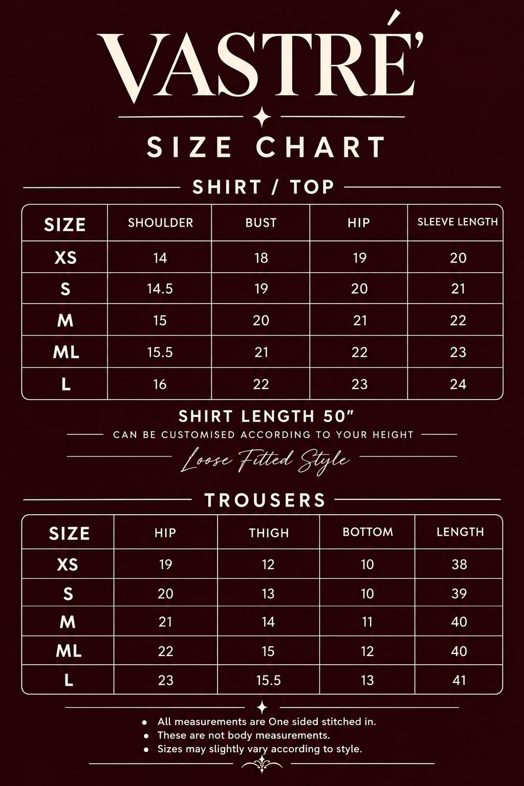 Vastré size chart: shirt shoulder, bust, hip and sleeve length, and trouser hip, thigh, bottom and length, in inches, for sizes XS to L